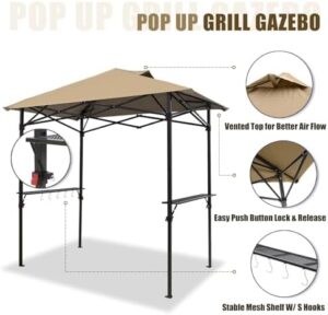 Here is the optimized SEO meta description:

"Perfect outdoor BBQ experience with Eagle Peak's 8x5 pop-up grill gazebo. Instant setup, air vent for airflow, and carry bag included. Ideal for picnics, patio gatherings, and backyard barbeques."