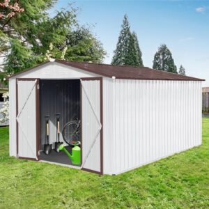Discover a reliable 10x12 FT shed for outdoor storage needs. Waterproof cabinet with hinged door and padlock secures your valuables like bicycles, lawnmowers & barbeques. Perfect tool house for any yard.