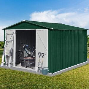 Discover a durable 10x8 FT metal garden shed with eco-friendly painting. Perfect for storing bikes, barbeques, and tools. Features a hinged door, padlock, and punched vents. Get organized in style!