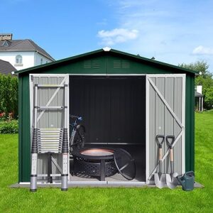 Discover a durable 10x8 FT metal garden shed with eco-friendly painting. Perfect for storing bikes, barbeques, and tools. Features a hinged door, padlock, and punched vents. Get organized in style!