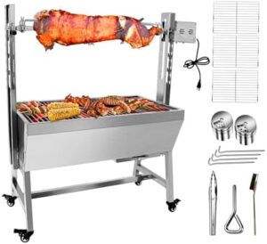 Here is the output:

"Experience backyard feasts with this stainless steel rotisserie grill, featuring a 37" hooded roaster, charcoal spit, and adjustable height lockable casters for outdoor party barbecues. Unlock new flavors!"
