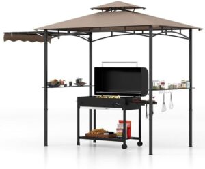 Perfect outdoor entertaining space with the Tangkula grill gazebo featuring 2-tier barbecue, side awning, and storage for utensils and drinks.