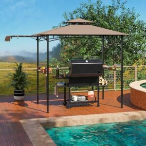 Perfect outdoor entertaining space with the Tangkula grill gazebo featuring 2-tier barbecue, side awning, and storage for utensils and drinks.