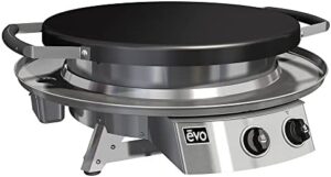 Savor delicious meals outdoors with the Evo Professional Series Tabletop Gas Grill featuring a seasoned steel cooktop and propane fuel. Compact design perfect for camping or backyard gatherings, ideal size for 4-6 people.