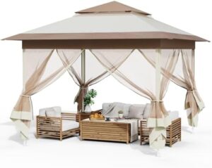Here is the optimized SEO meta description:

"Instantly set up your outdoor shelter with the Arlopu Pop Up Gazebo Tent. Features easy fold-up design, netting for bug-free comfort and metal frame for durability. Perfect for patio parties, backyard gatherings and garden events."