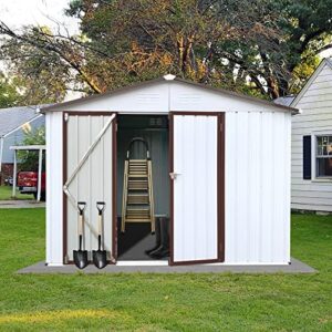 Here is the optimized SEO meta description:

"Store your garden tools and equipment in style with this 10x8 FT metal shed featuring a hinged door, padlock, and eco-friendly painting. Perfect for bike, BBQ, or tool storage."