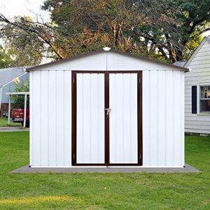 Here is the optimized SEO meta description:

"Store your garden tools and equipment in style with this 10x8 FT metal shed featuring a hinged door, padlock, and eco-friendly painting. Perfect for bike, BBQ, or tool storage."