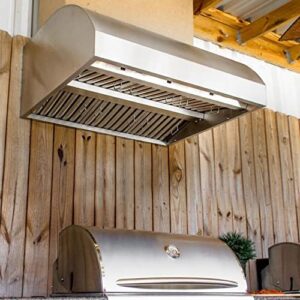 "Upgrade your outdoor cooking experience with the Blaze Outdoor Vent Hood, featuring 304-grade stainless steel construction, 2000 CFM blowers, adjustable light, and commercial-style baffles."