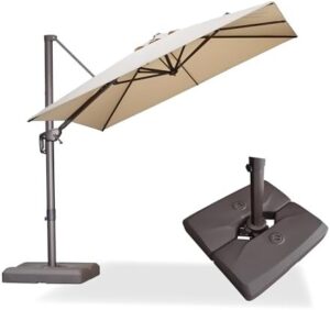 Here is the output:

"Upgrade your outdoor space with this durable Purple Leaf patio umbrella featuring 360° rotation and aluminum offset hanging for pool, garden, backyard or deck use. Navy Blue color."