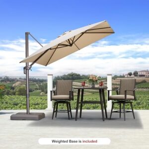 Here is the output:

"Upgrade your outdoor space with this durable Purple Leaf patio umbrella featuring 360° rotation and aluminum offset hanging for pool, garden, backyard or deck use. Navy Blue color."