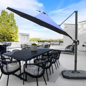 Discover the Domi 10FT Cantilever Patio Umbrella, a sturdy aluminum windproof design with 360° rotation and round offset sun shade for outside deck, backyard, garden, or pool areas. Navy Blue color.