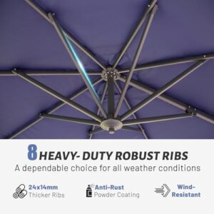 Discover the Domi 10FT Cantilever Patio Umbrella, a sturdy aluminum windproof design with 360° rotation and round offset sun shade for outside deck, backyard, garden, or pool areas. Navy Blue color.