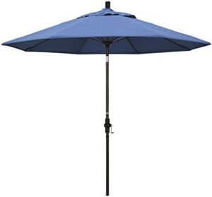 Here is the generated meta description:

"Create shade and style with California Umbrella's 9' round patio umbrella featuring crank lift, collar tilt, and bronze pole. Perfect for outdoor spaces, this sturdy design offers durable fiberglass ribs and frost blue olefin canopy."