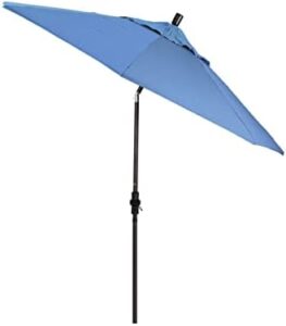 Here is the generated meta description:

"Create shade and style with California Umbrella's 9' round patio umbrella featuring crank lift, collar tilt, and bronze pole. Perfect for outdoor spaces, this sturdy design offers durable fiberglass ribs and frost blue olefin canopy."