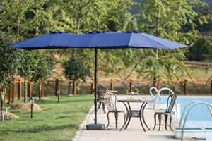 Here is the optimized SEO meta description:

"Stay shaded outdoors with the Romayard 15x9 ft Double-Sided Patio Umbrella featuring aluminum construction and crank operation. Perfect for market, camping, or swimming pool use."