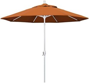 "Experience outdoor living with the California Umbrella 9' Round Aluminum Market Umbrella, featuring a crank lift and push button tilt for effortless shade. Perfect for patios, decks, or poolside"