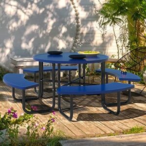 Enhance outdoor gatherings with this Round Steel Commercial Metal Picnic Table featuring a blue finish and umbrella hole for up to 1-1/2" diameter. Perfect for camping, backyard events or festivals.