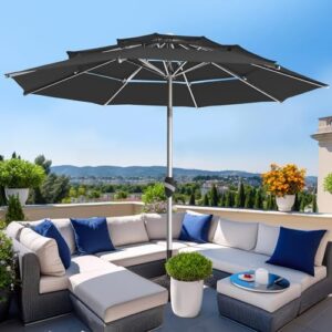 Here is the output:

"Stay cool outdoors with the BLUU 9 FT Aluminum Patio Umbrella, featuring 3 tiers and push-button tilt. Fade-resistant for 5 years, perfect for poolside, deck, garden or lawn use."