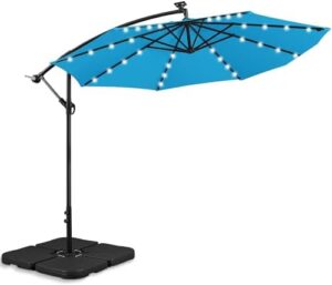 Elevate your outdoor gatherings with the Yaheetech 10 Ft Patio Offset Umbrella, featuring 32 LED lights and a cross base design for maximum shade. Perfect for backyard events!