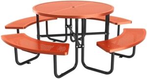 Here is the output:

"Enhance outdoor gatherings with this sturdy metal round picnic table featuring an umbrella hole and heavy-duty coated steel construction. Perfect for commercial or residential use, this 46'' portable table is ideal for gardens, courtyards, BBQs."