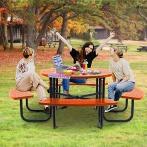 Here is the output:

"Enhance outdoor gatherings with this sturdy metal round picnic table featuring an umbrella hole and heavy-duty coated steel construction. Perfect for commercial or residential use, this 46'' portable table is ideal for gardens, courtyards, BBQs."