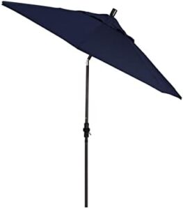Enjoy shade and relaxation with the California Umbrella 9' Round Aluminum Pole Fiberglass Rib Market Patio Umbrella in Bronze, featuring durable construction and water-resistant navy blue canopy.