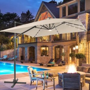 Here is the generated SEO meta description:

"Elevate your outdoor living space with this FLAME&SHADE patio umbrella featuring solar lights, 360-degree rotation and durable aluminum construction. Perfect for poolside, yard or garden use."