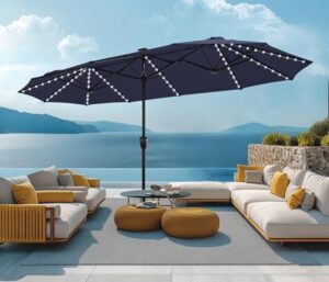 Here is the optimized SEO meta description:

"Enhance your outdoor gatherings with the MFSTUDIO 13FT patio umbrella featuring solar lights, double-sided design and hand crank for effortless operation."