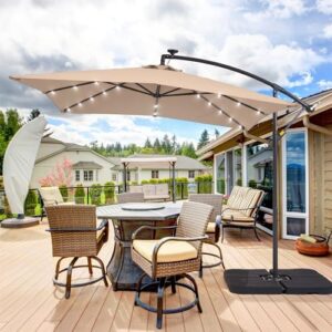 Illuminate your outdoor space with this 8.2x8.2FT solar LED offset patio umbrella featuring 32 LED lights and a cantilever design for garden, deck, backyard, pool, or beach use.