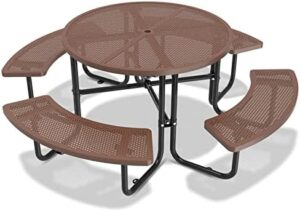 Here is the generated SEO meta description:

"Enjoy outdoor gatherings with this heavy-duty steel picnic table featuring an umbrella hole and sturdy construction. Perfect for gardens, courtyards, or BBQs."