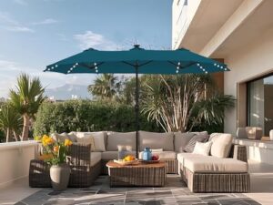 Illuminate your outdoor space with the Sophia & William 13ft Patio Umbrella featuring crank lift and 120 LED lights. Perfect for decks, pools, and gardens, this large double-sided umbrella offers cyan blue shade in style. Up to 30% off!