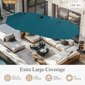 Illuminate your outdoor space with the Sophia & William 13ft Patio Umbrella featuring crank lift and 120 LED lights. Perfect for decks, pools, and gardens, this large double-sided umbrella offers cyan blue shade in style. Up to 30% off!
