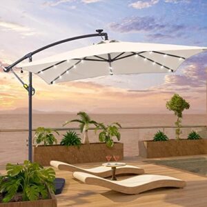 Illuminate your outdoor space with this solar LED offset patio umbrella featuring 32 lighted cantilevers, tilt adjustment, and a sturdy crossed base for garden, deck, or pool use.