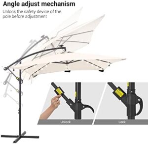 Illuminate your outdoor space with this solar LED offset patio umbrella featuring 32 lighted cantilevers, tilt adjustment, and a sturdy crossed base for garden, deck, or pool use.