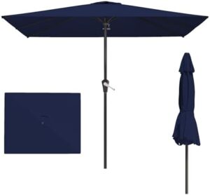 Enhance your outdoor gatherings with this sturdy 8' x 10' rectangular patio umbrella featuring 8 ribs and a durable navy canopy perfect for market, garden, or poolside use.