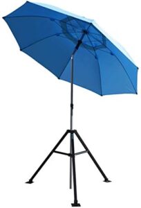 Here is the meta description:

Stay dry and protected on the job site with the Black Stallion UB250 Core Flame-Resistant Industrial Umbrella, featuring a sturdy tripod stand and blue canopy, perfect for harsh environments.
