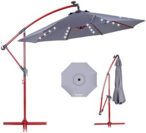 Illuminate your outdoor spaces with the EchoSmile 10ft Solar Umbrella, featuring 8 ribs and 32 LED lights for a radiant ambiance. Perfect for gardens, lawns, decks, and backyards. Enjoy easy tilt adjustment and UV protection.