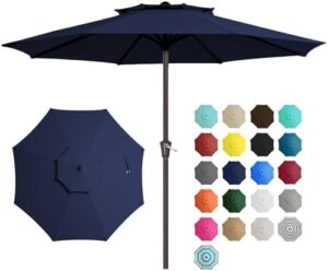 Elevate your outdoor dining experience with the JEAREY Patio Umbrella featuring a crank and 8 sturdy ribs for reliable shade. Perfect for water-resistant protection against the sun. Navy Blue color, compact design for easy storage.