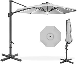 Here is the optimized meta description:

"Shade your outdoor space with this 10ft solar-powered patio umbrella featuring 360-degree rotation and LED lights. Perfect for backyard, deck, or poolside use."