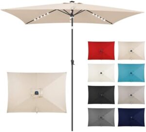 Elevate your outdoor gatherings with FLAME&SHADE's solar-powered patio umbrella featuring LED lights, tilt adjustment, and a spacious 6.5x10 ft canopy in beige. Perfect for market days or backyard events.