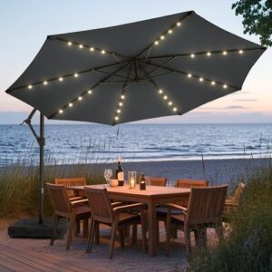 Here is the meta description:

"Elevate your outdoor space with this 10FT wikiwiki solar patio umbrella featuring a weighted base and dark gray design. Perfect for backyards, gardens, and decks."