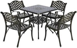 Enhance your outdoor gatherings with the MeetWarm 5-piece dining set, featuring all-weather cast aluminum construction and a lattice weave design. Perfect for patios, gardens, or decks, this set includes 4 chairs and a 30.5” square table with a convenient umbrella hole.