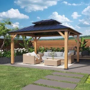 Discover the COOS BAY 11x13 Hardtop Gazebo with Cedar Wood Frame and Galvanized Steel Double Roof, perfect for garden, lawn, poolside, patio, or deck.