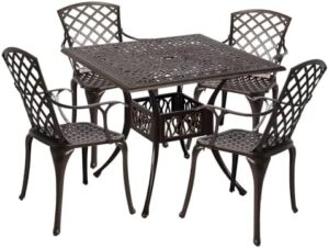 Discover the perfect outdoor dining set with this 5-piece cast aluminum patio furniture conversation set. Includes a square table and 4 floral chairs with red cushion for comfortable seating.
