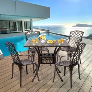 Discover the perfect outdoor dining set with this 5-piece cast aluminum patio furniture conversation set. Includes a square table and 4 floral chairs with red cushion for comfortable seating.