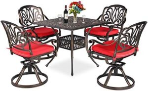 "Elevate your outdoor dining experience with the TITIMO 5-piece patio set, featuring all-weather cast aluminum chairs with cushions and a sturdy 35.4" square table perfect for yard or deck gatherings."