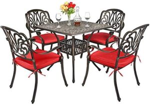 Enhance your outdoor gatherings with the Titimo 5-Piece Outdoor Patio Dining Set, featuring cast aluminum furniture and a square table with umbrella hole. Perfect for patio gardens or decks! Enjoy with family and friends, now at an affordable price.