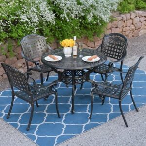 Discover the MEETWARM 5 Piece Patio Dining Set, featuring all-weather cast aluminum furniture with 4 chairs and 1 round table perfect for garden or deck use.