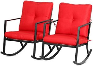 Relax in style with Bali Outdoors' modern patio rocker chair, featuring thick red cushions and a black steel frame. Perfect for 2 people to enjoy the outdoors together.