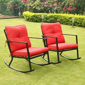 Relax in style with Bali Outdoors' modern patio rocker chair, featuring thick red cushions and a black steel frame. Perfect for 2 people to enjoy the outdoors together.